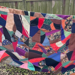 Antique Art Deco Silk Embroidered Patchwork Crazy Quilt