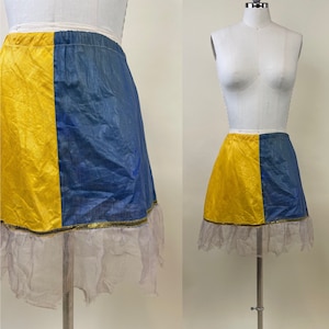 Vintage 1910 - 1920s Two Color Blue Yellow Vertical Stripe Short Skirt Costume / Tulle Netting Gold Bullion