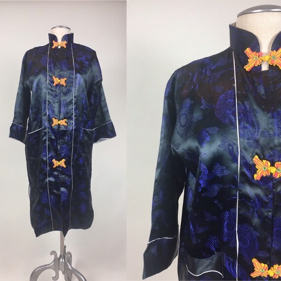 Vintage 1950s Silk Blue Chinese Midi Coat / vintag