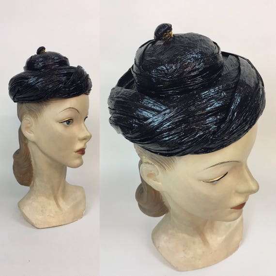 vintage 1950s Black Conical Tilt Hat / vintage 50s
