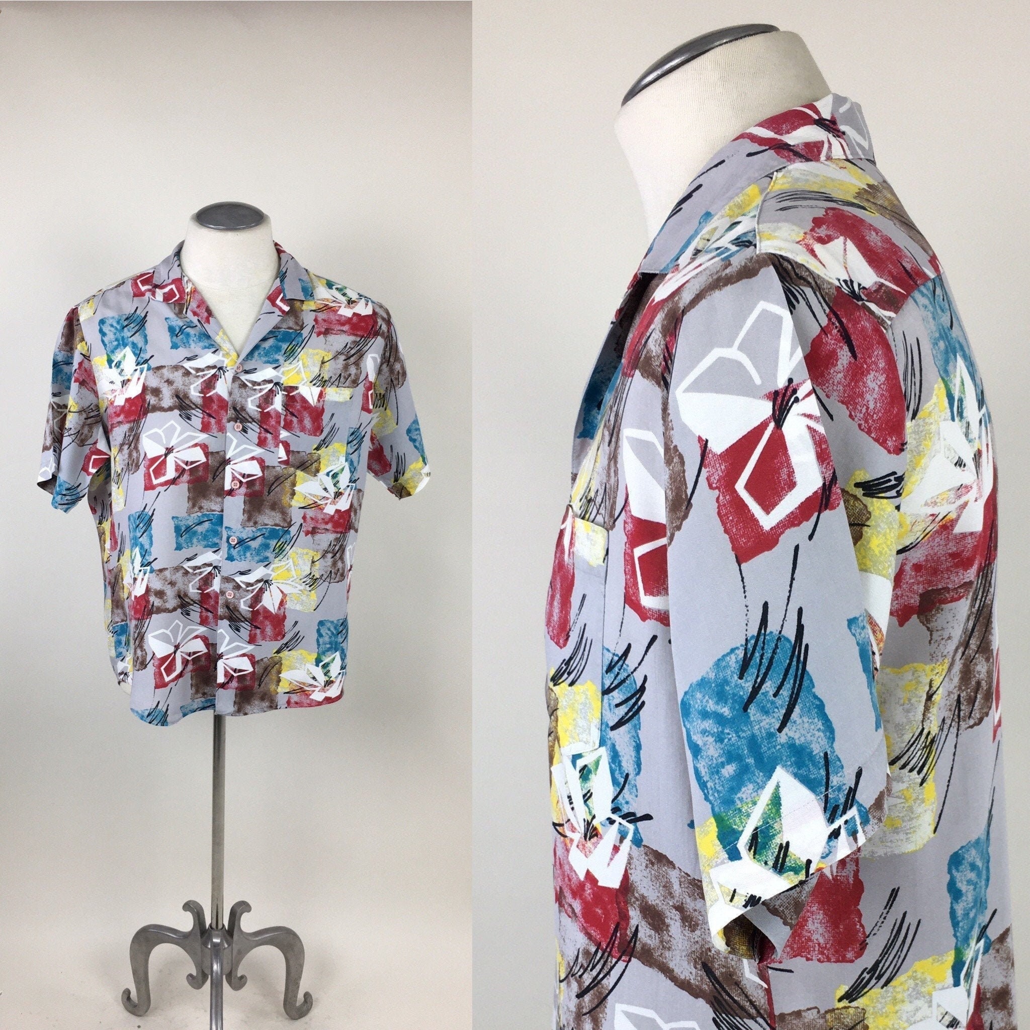 Chemise Hawaïenne Vintage Brent Sportswear - Taille L - Rayonne - Motif Animalier - Années 40/50