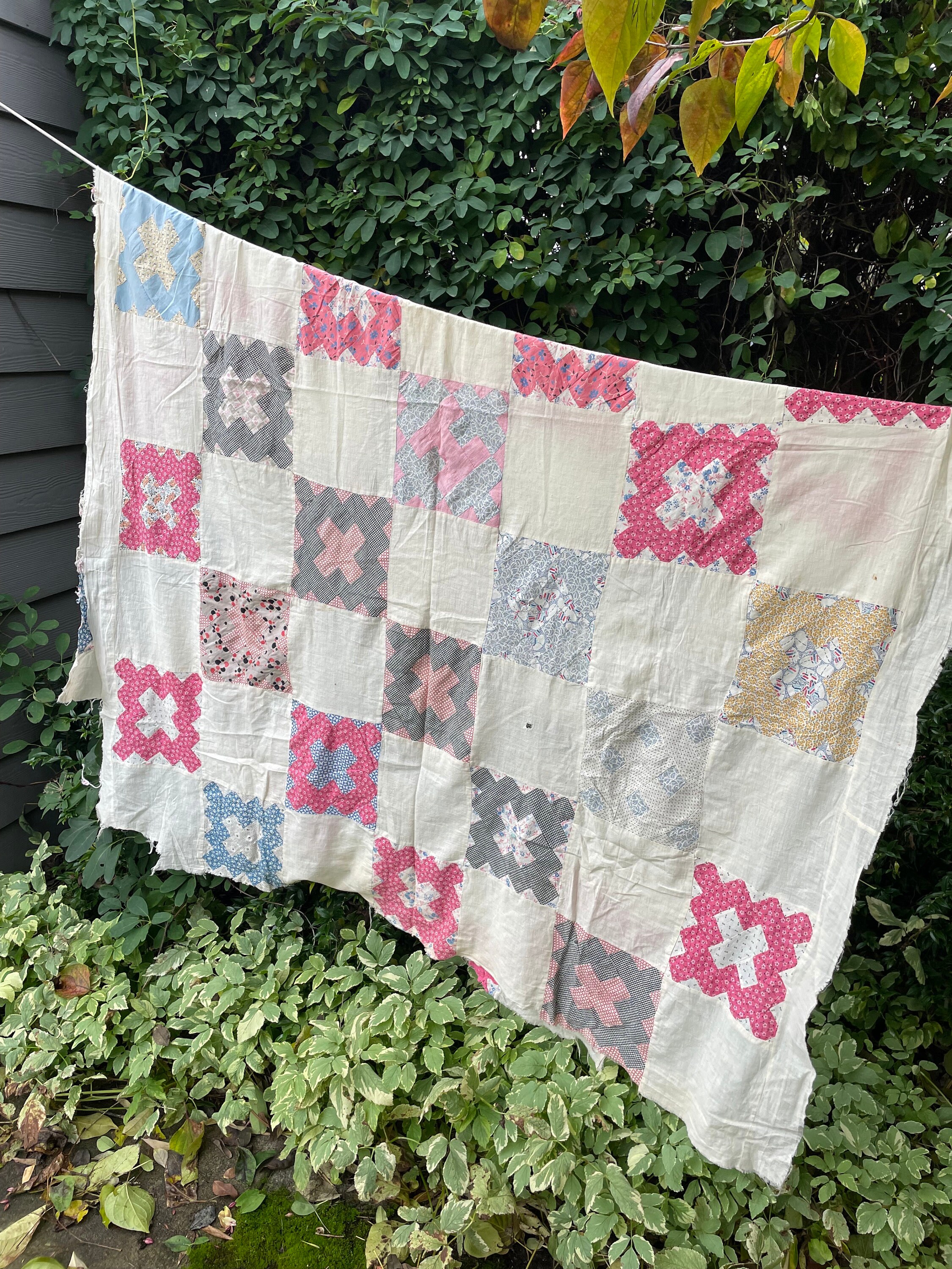 よしよし　　　OLD CALICO PATCH WORK QUILT sold!*** $465 shipped 🎨🍄‍🟫Calico + Homespun 'Nine Patch