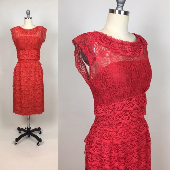 Vintage 1950s Sheer Red Lace Dress