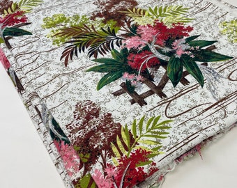 Vintage 1950er Jahre Baumrindenstoff / Mid-Century Floraler Blätterdruck / 1 Yard