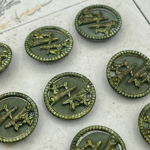 Victorian Green Tint Garden Fence Gardening Overlay Metal Paper Button / 19th C French Novelty Figural Button / 1/2&quot;