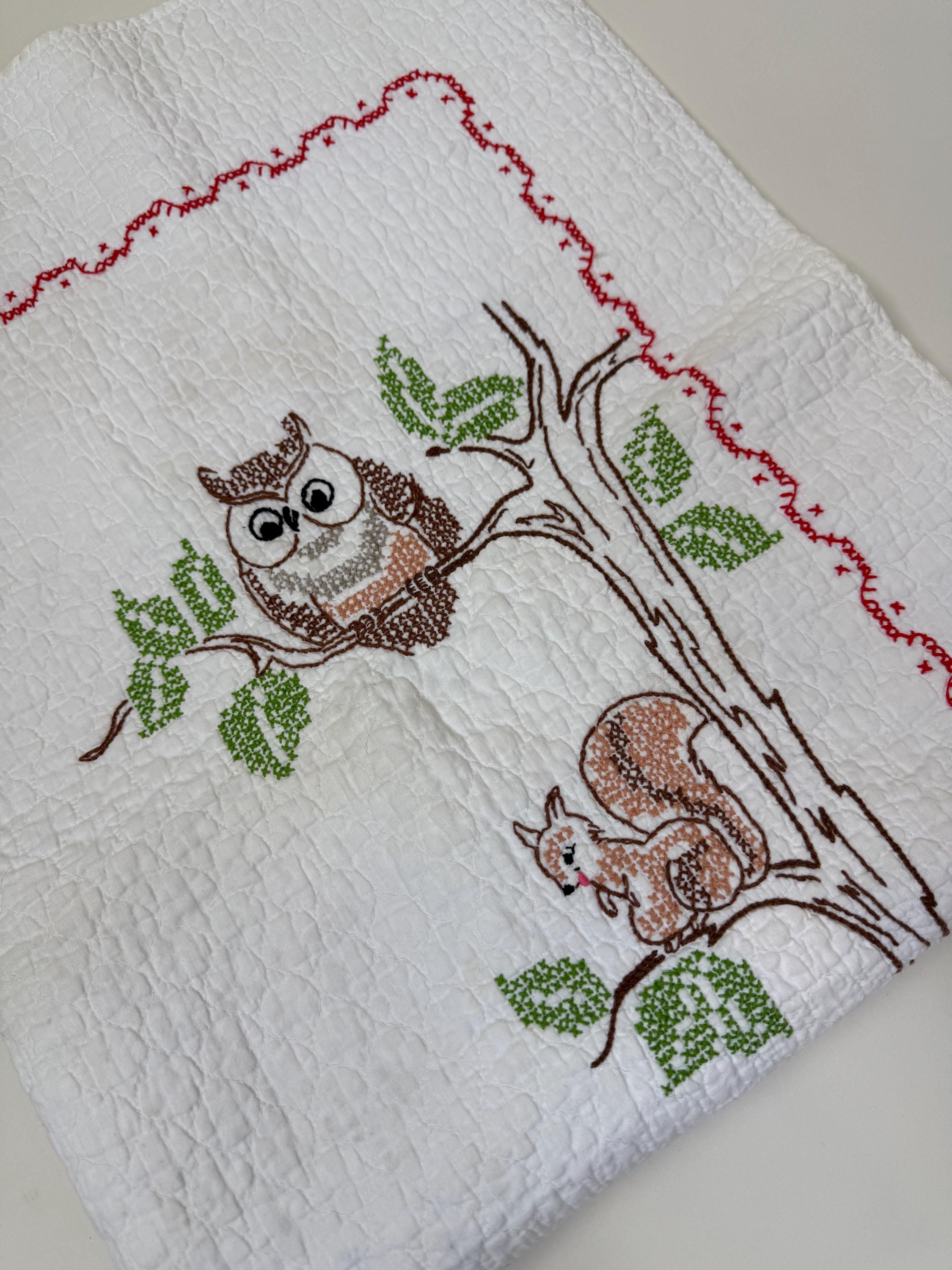 Vintage 1960s Embroidered Nursery Rhyme Animals Bunny Owl Deer Bird Skunk Child's Crib Blanket C