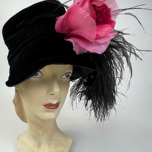 Vintage 60s Streetwear Wool Felt Ostrich Plume Feather Wide Brim Hat Womens 23\