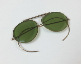VTG Aviator Outdoorsman Sunglasses Wire Wrap Around Ear WW2 Green gold collector