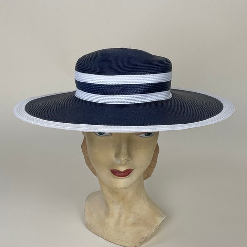 Vintage 1950s Navy Blue White Stripe Wide Brimmed Straw Summer Hat / Vintage 50s Designer Ruth Alan Straw Sun shops Hat