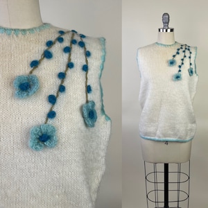 Vintage 1960s Embroidered Mohair Floral Novelty Sweater Vest / 60s Miss Pernilla V Neck Blue Flowers White Pullover