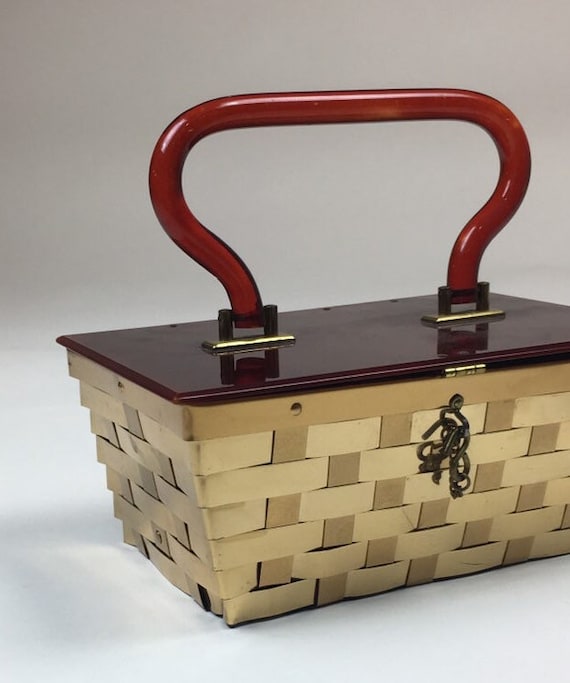 Vintage 1950s Gold Woven Metal Lucite Basket Box Purse / 50s