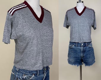 Vintage 1970s Burgundy White Stripe Sleeves Gray Crop V Neck Sportswear T Shirt
