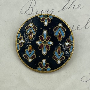Vintage French Black Enamel Floral Brass Button / 7/8&quot;