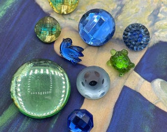 Vintage Transparent Blue Green Yellow Mercury Glass Foil Buttons