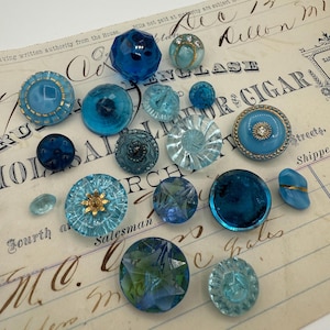 Vintage Blue Transparent Glass Moonglow Moon Glow Gold Luster Rhinestone Jewel Button Buttons