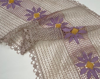 Antique Vintage Victorian 1900s - 1920s Lavender Oatmeal Yellow Openweave Sheer Filet Lace Curtain Panel Drape