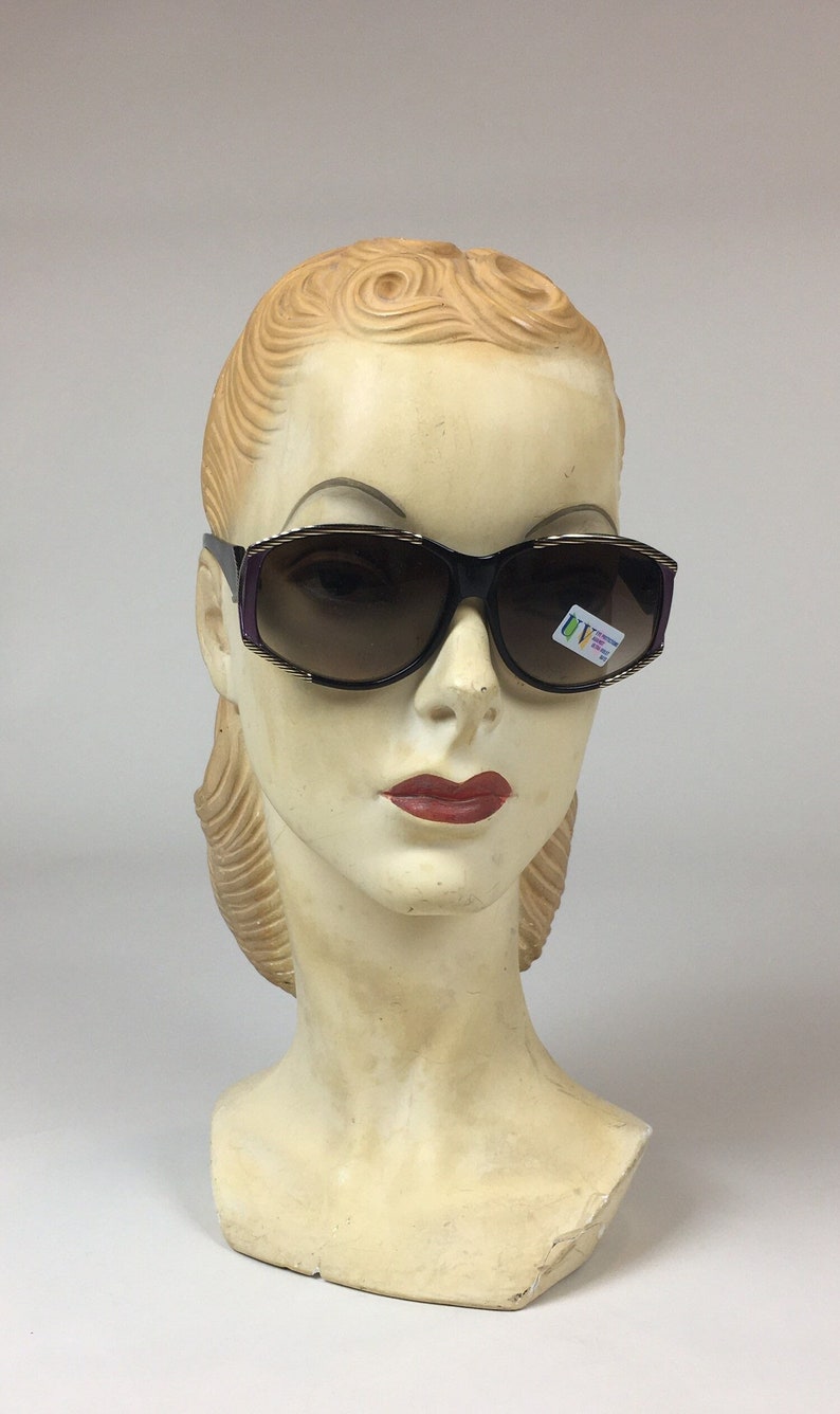 Vintage 1980s Large Framed Oversized Black Purple Mob Wife Sunglasses / 80s Big Fashion Sunglasses image 1