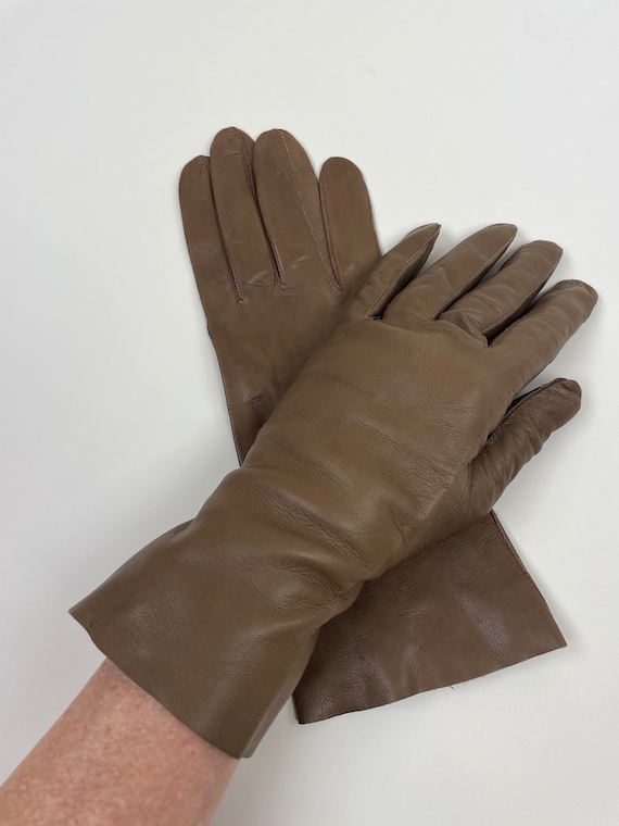 Vintage 1960s Mustard Brown Leather Gloves / 60s L