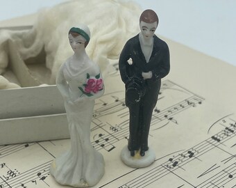Vintage 1920s 1930s Bisque Ceramic Wedding Cake Topper Original Box / 20s 30s Bride Groom Bridal Wedding Decoration
