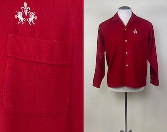Vintage 1950s Red Wool Brent Sport Shirt/ Embroidered Unicorn / Size M