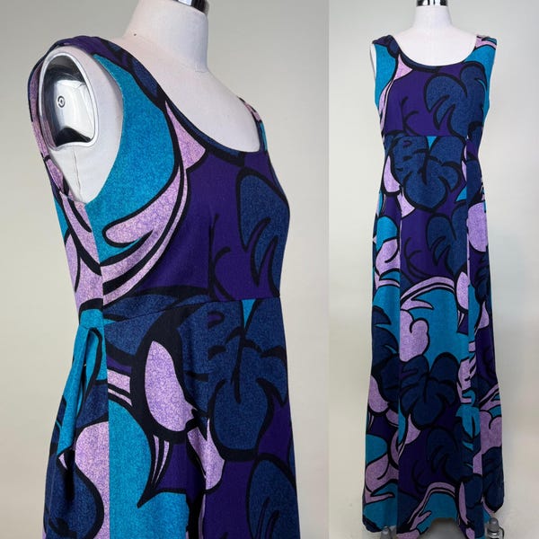 Vintage 1970 Hawaiian Barkcloth Maxi Dress / Purple Blue Tropical Hawaiian Leaves