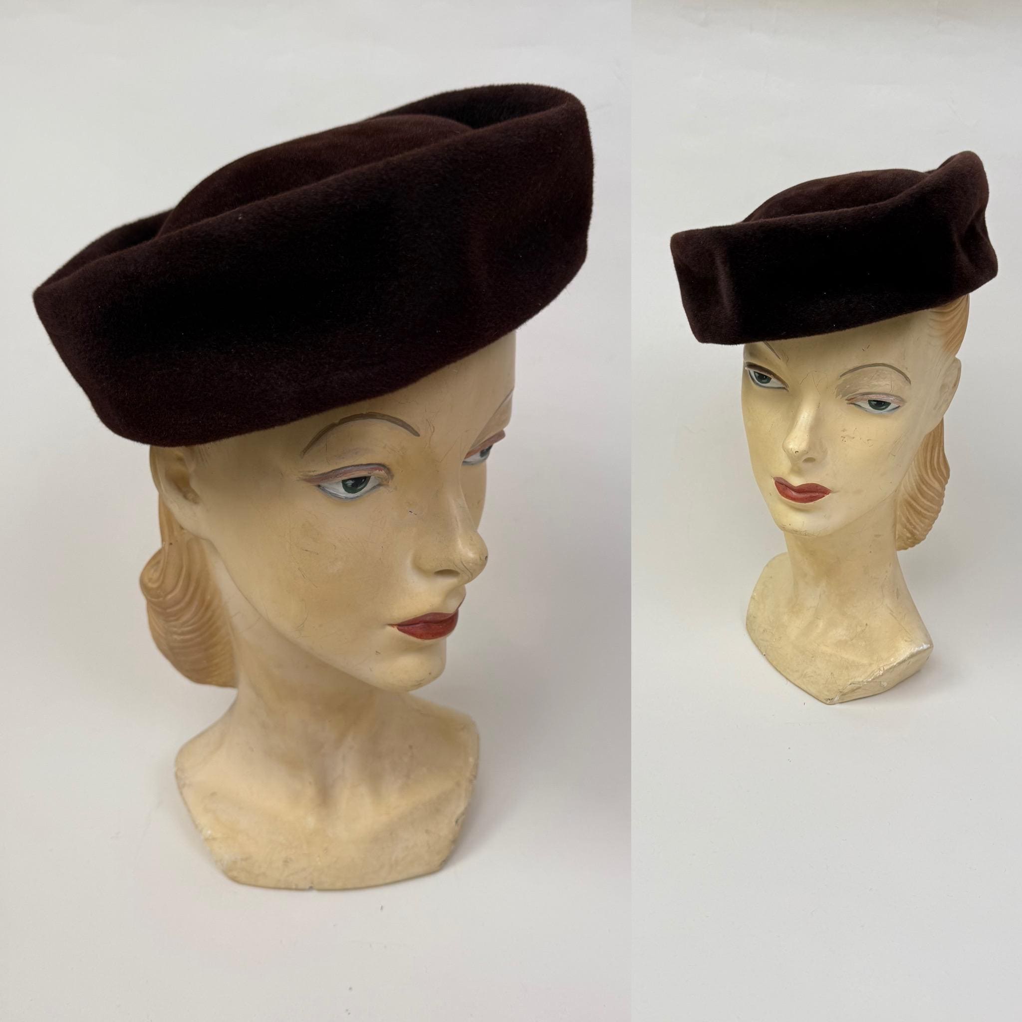 Vintage 1950s Brown Fur Felt Pillbox Hat - Etsy display picture 1