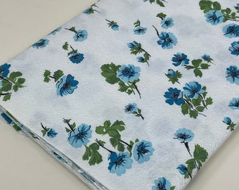 Vintage 1950s Blue Poppy Floral Print Plisse Fabric / 1 Yard