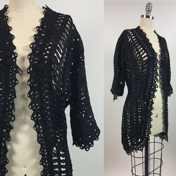 vintage Edwardian Black Lace Ribbon Jacket / Antiq