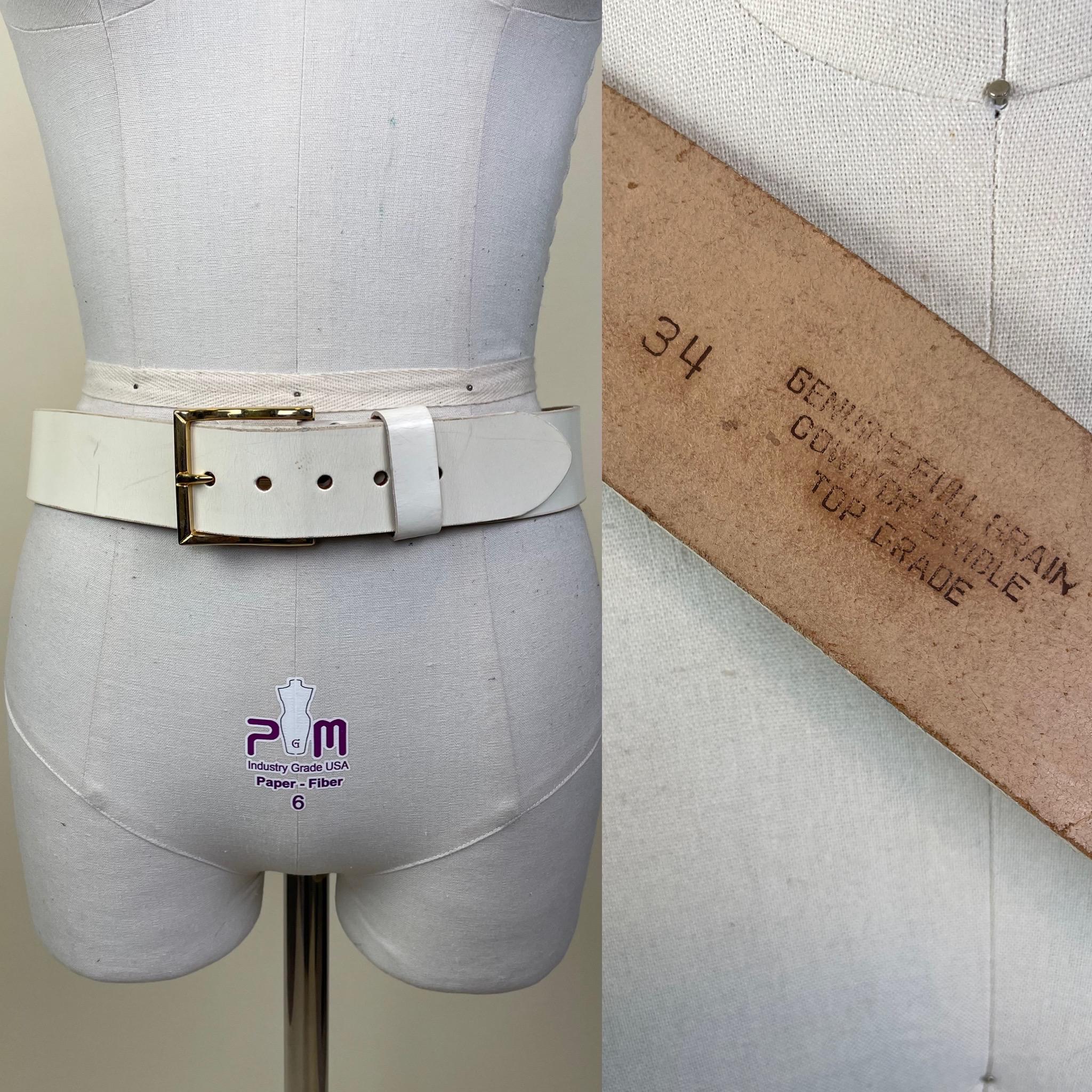 Vintage 1980s White Leather Wide Belt / Fits Waist 31 1/4