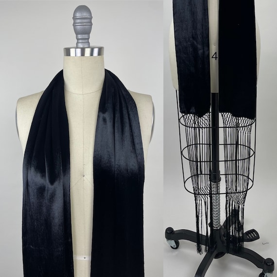 Vintage 1920s Black Mohair Velvet Scarf Macrame F… - image 1