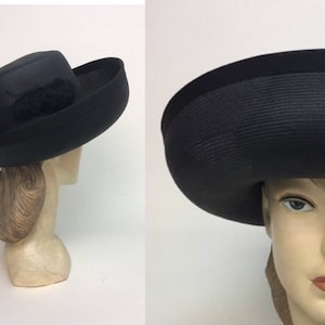 Vintage 1960s Black Straw Rolled Brim Large Summer Hat / 60s Sun Hat