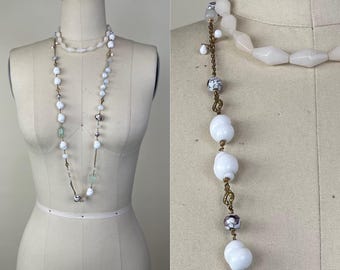 Collar vintage de cuentas de cristal checo: cloisonné, ágata blanca, estilo bohemio en capas.