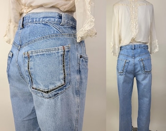 Pantalones vaqueros de mezclilla de pierna recta para mujer Gloria Vanderbilt Stone Wash estilo vintage de los años 80 / Tiro alto / Bolsillos con inserciones de tapiz jacquard