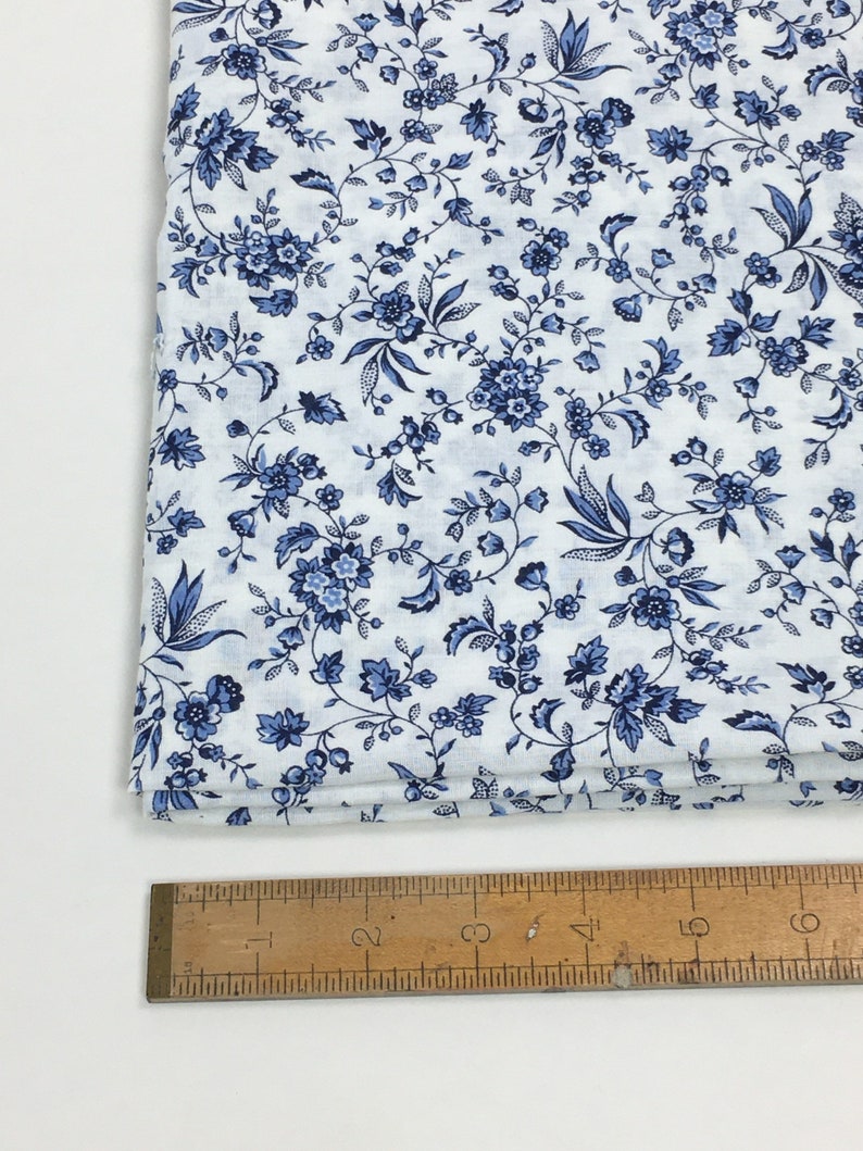 Vintage 1980s Blue White Cotton Small Floral Print Dress Quilt Fabric