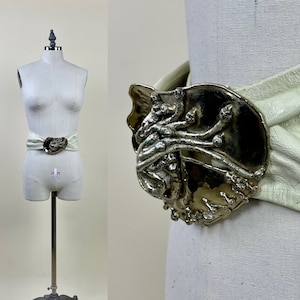 Vintage Brutalist Modern Weißer Leder Mixed Metal Statement Gürtel / 80er Jahre breiter Gürtel
