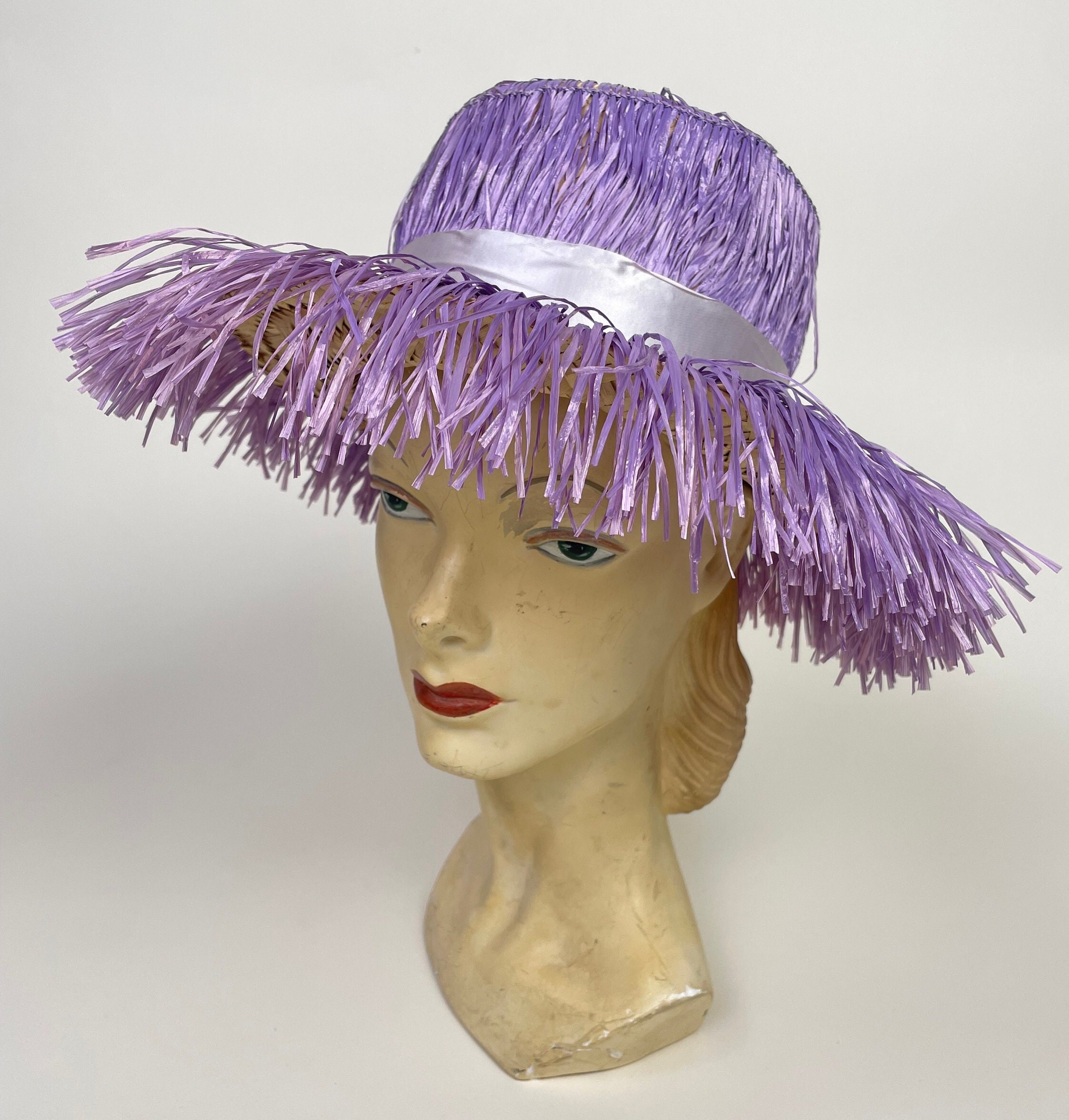 Vintage 1950s Purple Raffia Fringe Novelty Straw Summer Sun  display picture 2