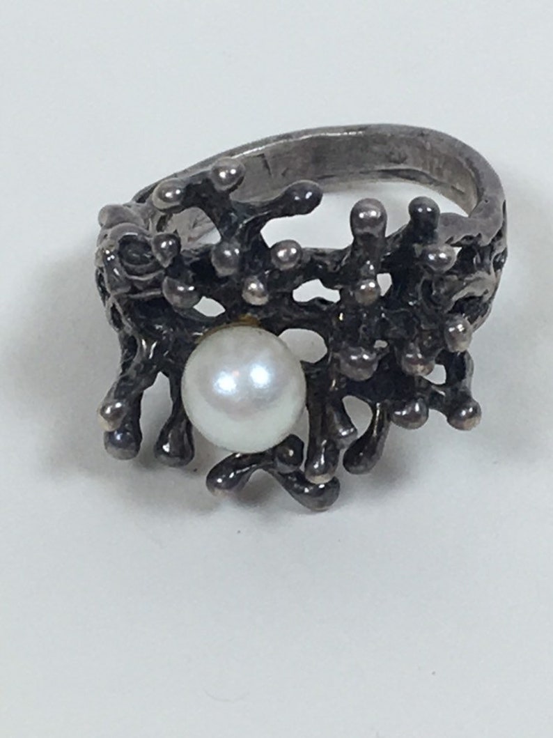 Vintage 1960s Brutalist Modernist Sterling Silver Pearl Birds Nest Ring
