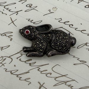 Könnte beinhalten: Vintage silberfarbene Hasenbrosche mit Markasit-Details. Der Hase hat ein rotes Auge und liegt auf einem Papier mit handschriftlichem Text. Die Brosche ist ein kleines, detailliertes Schmuckstück.