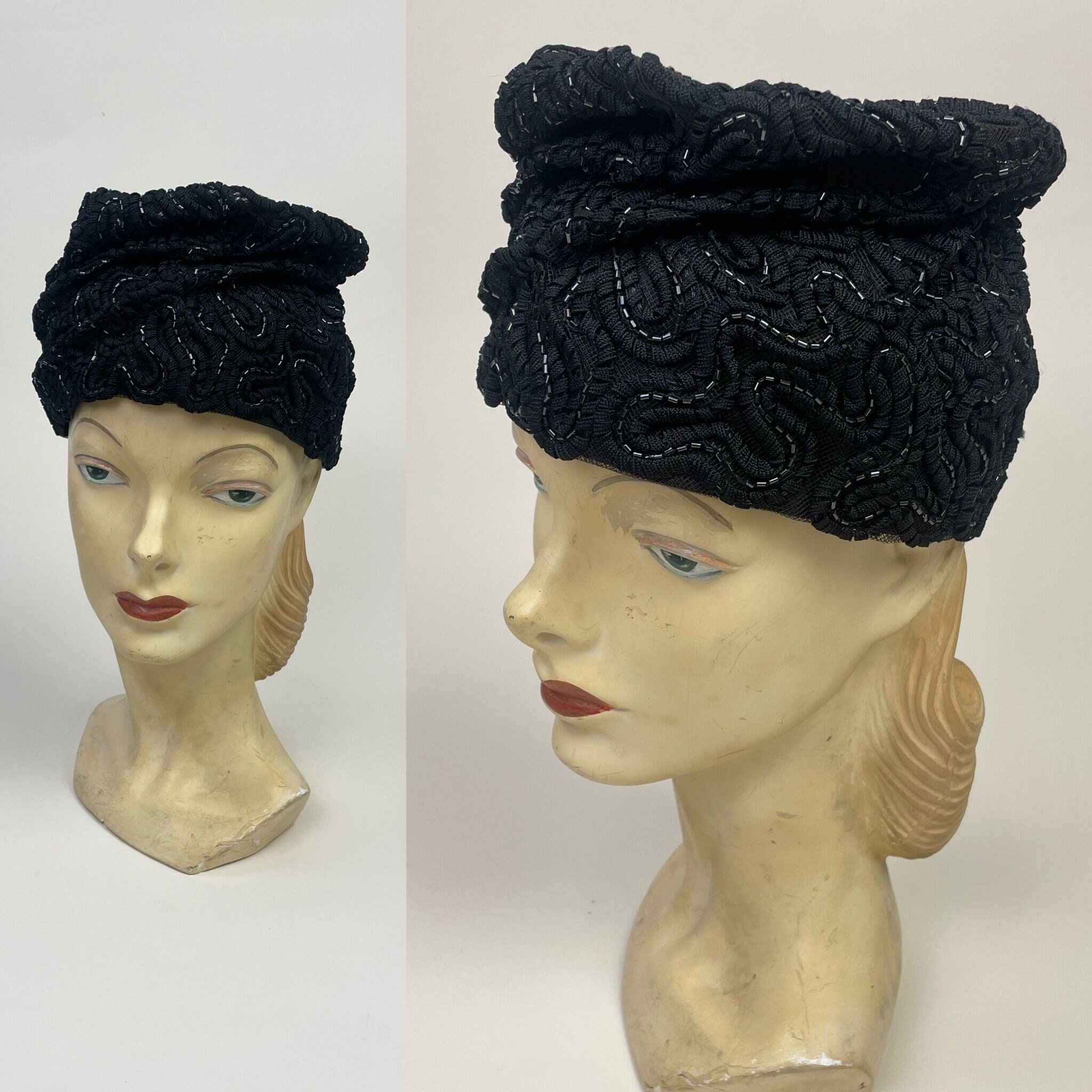 1960’s Vintage Mohair Toque Turban Hat by Styled by Carolie Vintage 60s Beige and Moss Green Velour Turban Style Hat by  main image 3