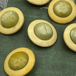 Puede incluir: Primer plano de botones vintage con un centro verde claro y un anillo exterior color crema. Los botones ovalados están colocados sobre una superficie verde oscuro. Adecuados para proyectos de costura o manualidades.