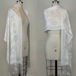 Vintage 1990s Burnout Rayon Cut Velvet Shawl Scarf w/ Fringe / 90s Devore Long Bridal Wedding Wrap