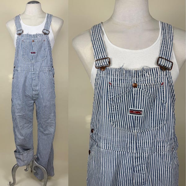 Vintage Big Mac Square Bak Hickory Stripe Cotton Twill Denim Jean Overalls / Waist 40 x 31