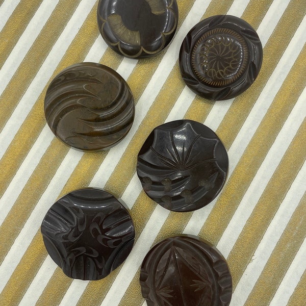 Vintage 1930s 1940s Carved Brown Bakelite / Casein LARGE Round Coat Button Buttons / Choose One