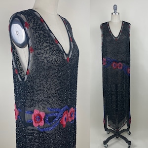 Authentic Vintage 1920s Beaded Flapper Dress / Roaring 20s Sheer Black Silk Drop Waist Great Gatsby Dress