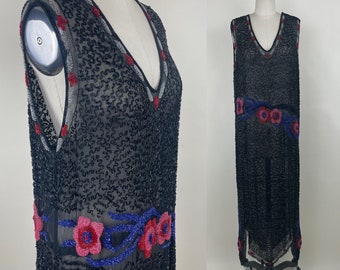 Authentic Vintage 1920s Beaded Flapper Dress / Roaring 20s Sheer Black Silk Drop Waist Great Gatsby Dress