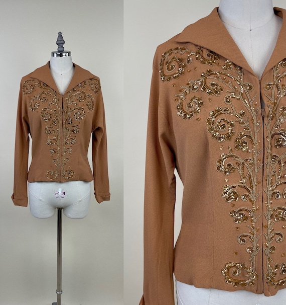 Vintage 1940s Rayon Crepe Sequin Soutache Blouse … - image 1