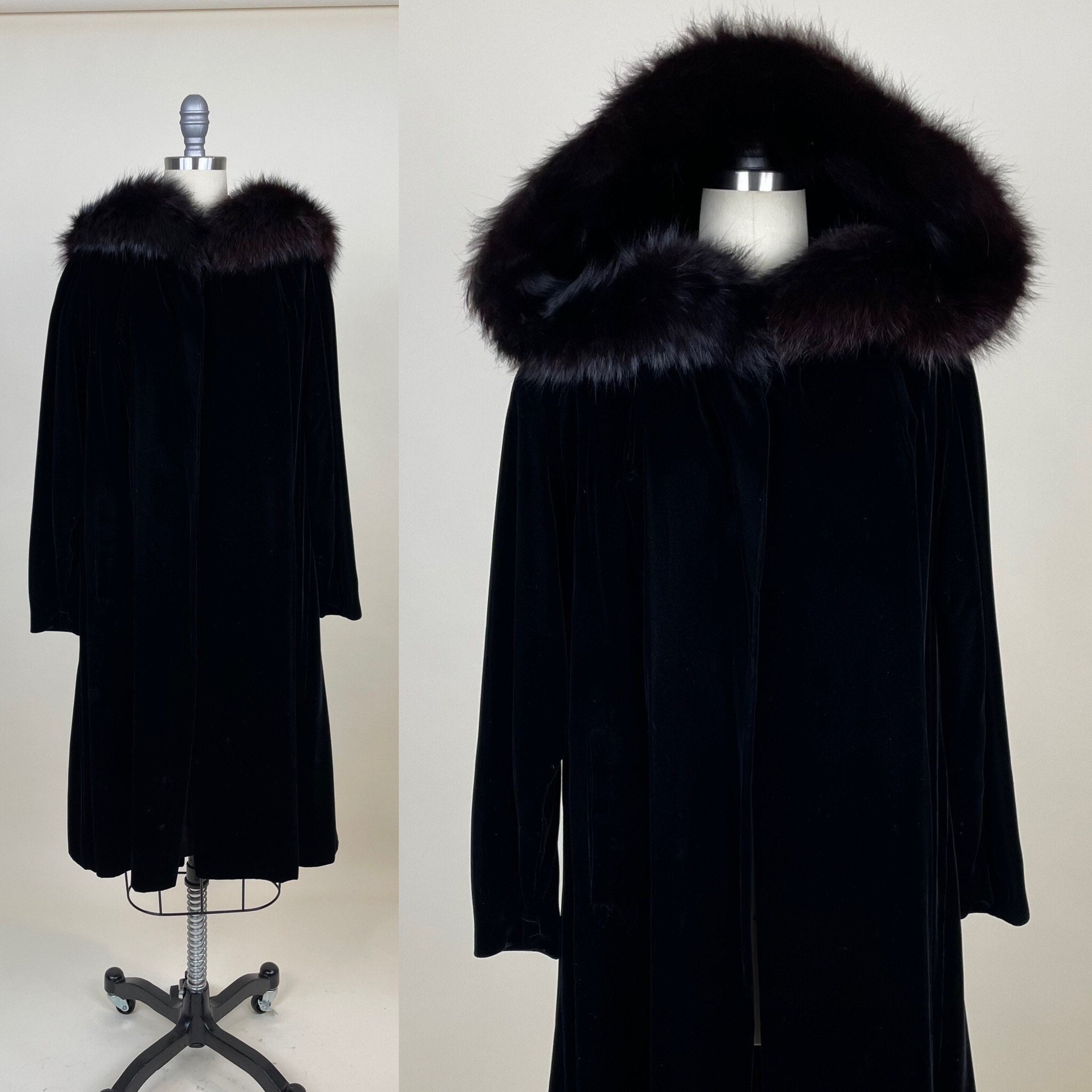 Vintage 1950s Black Velvet Fur Hooded Cape Bullocks Evening Coat / 50s Fur Collar Hood Swing Jacket - Etsy Vintage 1950s Black Velvet Fur Hooded Cape Bullocks Evening Coat / 50s Fur Collar Hood Swing Jacket - Etsy
