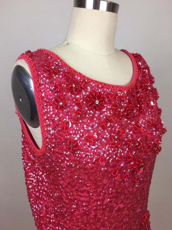 Vintage 1960s Hot Pink Beaded Sequin Sleeveless L… - image 4