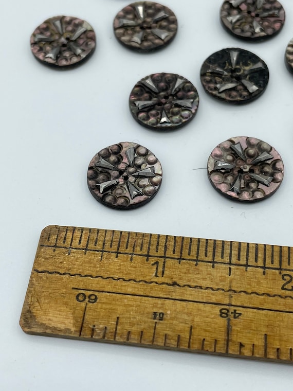 Victorian Cut Steel Smokey Mother of Pearl Shell Flat Button / 5/8" / Waistcoat Buttons