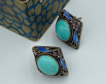 Vintage 1920s Chinese Cloisonné Enamel Turquoise Green Jade Silver Filigree Pierced Earrings